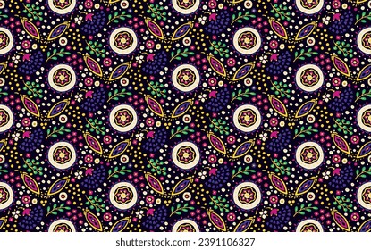 Seamless pattern with fantasy flowers, ethnic rotary repeat fabric and tile design, natural wallpaper, floral decoration curl illustration. Paisley print hand drawn elements. Home decor.