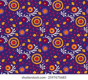 Seamless pattern with fantasy flowers, ethnic rotary repeat fabric and tile design, natural wallpaper, floral decoration curl illustration. Paisley print hand drawn elements. Japandi style