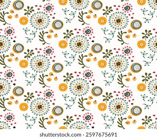 Seamless pattern with fantasy flowers, ethnic rotary repeat fabric and tile design, natural wallpaper, floral decoration curl illustration. Paisley print hand drawn elements. Japandi style