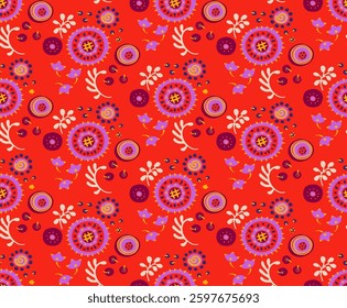 Seamless pattern with fantasy flowers, ethnic rotary repeat fabric and tile design, natural wallpaper, floral decoration curl illustration. Paisley print hand drawn elements. Japandi style