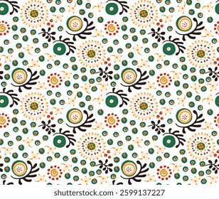 Seamless pattern with fantasy flowers, ethnic rotary repeat fabric and tile design, natural wallpaper, floral decoration curl illustration. Paisley print hand drawn elements. Japandi style