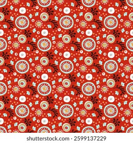 Seamless pattern with fantasy flowers, ethnic rotary repeat fabric and tile design, natural wallpaper, floral decoration curl illustration. Paisley print hand drawn elements. Japandi style