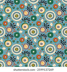 Seamless pattern with fantasy flowers, ethnic rotary repeat fabric and tile design, natural wallpaper, floral decoration curl illustration. Paisley print hand drawn elements. Japandi style