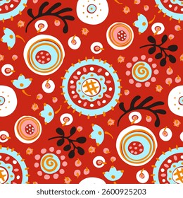 Seamless pattern with fantasy flowers, ethnic rotary repeat fabric and tile design, natural wallpaper, floral decoration curl illustration. Paisley print hand drawn elements. Japandi style
