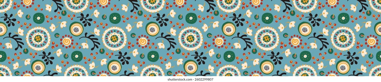 Seamless pattern with fantasy flowers, ethnic rotary repeat fabric and tile design, natural wallpaper, floral decoration curl illustration. Paisley print hand drawn elements. Japandi style