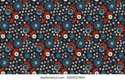 Seamless pattern with fantasy flowers, ethnic rotary repeat fabric and tile design, natural wallpaper, floral decoration curl illustration. Paisley print hand drawn elements. Japandi style