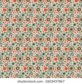 Seamless pattern with fantasy flowers, ethnic rotary repeat fabric and tile design, natural wallpaper, floral decoration curl illustration. Paisley print hand drawn elements. Japandi style