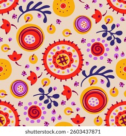 Seamless pattern with fantasy flowers, ethnic rotary repeat fabric and tile design, natural wallpaper, floral decoration curl illustration. Paisley print hand drawn elements. Japandi style