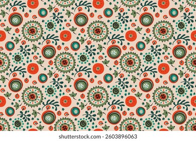 Seamless pattern with fantasy flowers, ethnic rotary repeat fabric and tile design, natural wallpaper, floral decoration curl illustration. Paisley print hand drawn elements. Japandi style