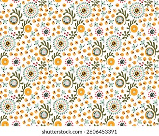 Seamless pattern with fantasy flowers, ethnic rotary repeat fabric and tile design, natural wallpaper, floral decoration curl illustration. Paisley print hand drawn elements. Japandi style