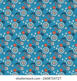 Seamless pattern with fantasy flowers, ethnic rotary repeat fabric and tile design, natural wallpaper, floral decoration curl illustration. Paisley print hand drawn elements. Japandi style