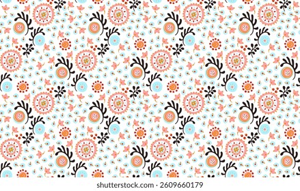 Seamless pattern with fantasy flowers, ethnic rotary repeat fabric and tile design, natural wallpaper, floral decoration curl illustration. Paisley print hand drawn elements. Japandi style