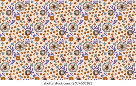 Seamless pattern with fantasy flowers, ethnic rotary repeat fabric and tile design, natural wallpaper, floral decoration curl illustration. Paisley print hand drawn elements. Japandi style