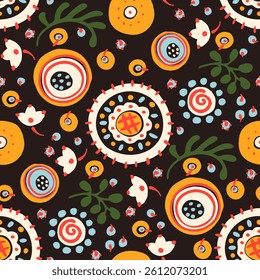 Seamless pattern with fantasy flowers, ethnic rotary repeat fabric and tile design, natural wallpaper, floral decoration curl illustration. Paisley print hand drawn elements. Japandi style