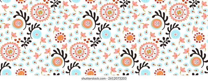 Seamless pattern with fantasy flowers, ethnic rotary repeat fabric and tile design, natural wallpaper, floral decoration curl illustration. Paisley print hand drawn elements. Japandi style