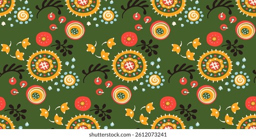 Seamless pattern with fantasy flowers, ethnic rotary repeat fabric and tile design, natural wallpaper, floral decoration curl illustration. Paisley print hand drawn elements. Japandi style