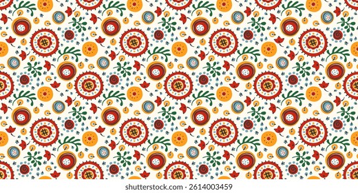 Seamless pattern with fantasy flowers, ethnic rotary repeat fabric and tile design, natural wallpaper, floral decoration curl illustration. Paisley print hand drawn elements. Japandi style