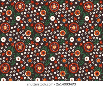 Seamless pattern with fantasy flowers, ethnic rotary repeat fabric and tile design, natural wallpaper, floral decoration curl illustration. Paisley print hand drawn elements. Japandi style
