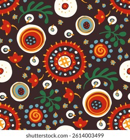 Seamless pattern with fantasy flowers, ethnic rotary repeat fabric and tile design, natural wallpaper, floral decoration curl illustration. Paisley print hand drawn elements. Japandi style