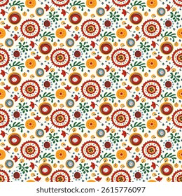 Seamless pattern with fantasy flowers, ethnic rotary repeat fabric and tile design, natural wallpaper, floral decoration curl illustration. Paisley print hand drawn elements. Japandi style