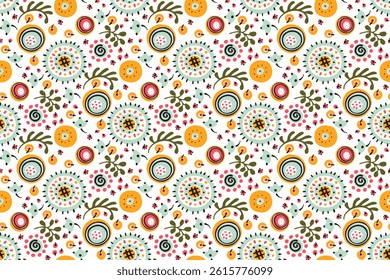Seamless pattern with fantasy flowers, ethnic rotary repeat fabric and tile design, natural wallpaper, floral decoration curl illustration. Paisley print hand drawn elements. Japandi style