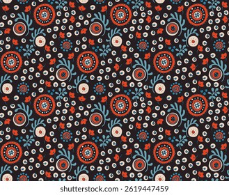 Seamless pattern with fantasy flowers, ethnic rotary repeat fabric and tile design, natural wallpaper, floral decoration curl illustration. Paisley print hand drawn elements. Japandi style