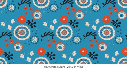 Seamless pattern with fantasy flowers, ethnic rotary repeat fabric and tile design, natural wallpaper, floral decoration curl illustration. Paisley print hand drawn elements. Japandi style