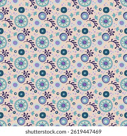 Seamless pattern with fantasy flowers, ethnic rotary repeat fabric and tile design, natural wallpaper, floral decoration curl illustration. Paisley print hand drawn elements. Japandi style
