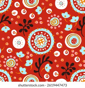 Seamless pattern with fantasy flowers, ethnic rotary repeat fabric and tile design, natural wallpaper, floral decoration curl illustration. Paisley print hand drawn elements. Japandi style