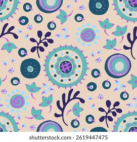 Seamless pattern with fantasy flowers, ethnic rotary repeat fabric and tile design, natural wallpaper, floral decoration curl illustration. Paisley print hand drawn elements. Japandi style