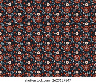 Seamless pattern with fantasy flowers, ethnic rotary repeat fabric and tile design, natural wallpaper, floral decoration curl illustration. Paisley print hand drawn elements. Japandi style