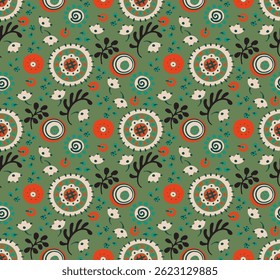 Seamless pattern with fantasy flowers, ethnic rotary repeat fabric and tile design, natural wallpaper, floral decoration curl illustration. Paisley print hand drawn elements. Japandi style