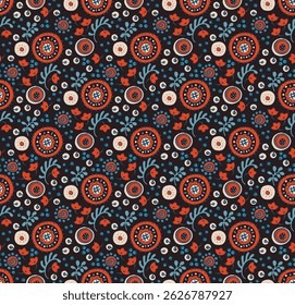 Seamless pattern with fantasy flowers, ethnic rotary repeat fabric and tile design, natural wallpaper, floral decoration curl illustration. Paisley print hand drawn elements. Japandi style