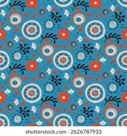 Seamless pattern with fantasy flowers, ethnic rotary repeat fabric and tile design, natural wallpaper, floral decoration curl illustration. Paisley print hand drawn elements. Japandi style