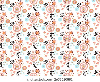 Seamless pattern with fantasy flowers, ethnic rotary repeat fabric and tile design, natural wallpaper, floral decoration curl illustration. Paisley print hand drawn elements. Japandi style