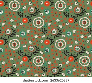 Padrão contínuo com flores de fantasia, tecido de repetição rotativo étnico e design de azulejos, papel de parede natural, decoração floral curl ilustração. Paisley imprimir mão desenhado elementos. Estilo Japandi