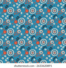 Seamless pattern with fantasy flowers, ethnic rotary repeat fabric and tile design, natural wallpaper, floral decoration curl illustration. Paisley print hand drawn elements. Japandi style