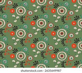 Seamless pattern with fantasy flowers, ethnic rotary repeat fabric and tile design, natural wallpaper, floral decoration curl illustration. Paisley print hand drawn elements. Japandi style