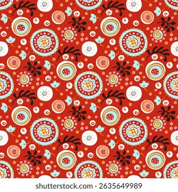 Seamless pattern with fantasy flowers, ethnic rotary repeat fabric and tile design, natural wallpaper, floral decoration curl illustration. Paisley print hand drawn elements. Japandi style