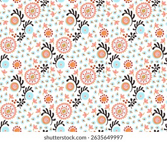 Seamless pattern with fantasy flowers, ethnic rotary repeat fabric and tile design, natural wallpaper, floral decoration curl illustration. Paisley print hand drawn elements. Japandi style