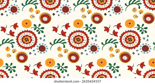 Seamless pattern with fantasy flowers, ethnic rotary repeat fabric and tile design, natural wallpaper, floral decoration curl illustration. Paisley print hand drawn elements. Japandi style