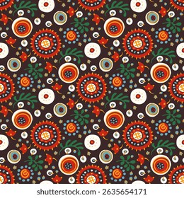Seamless pattern with fantasy flowers, ethnic rotary repeat fabric and tile design, natural wallpaper, floral decoration curl illustration. Paisley print hand drawn elements. Japandi style
