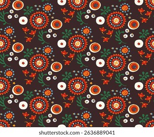 Seamless pattern with fantasy flowers, ethnic rotary repeat fabric and tile design, natural wallpaper, floral decoration curl illustration. Paisley print hand drawn elements. Japandi style