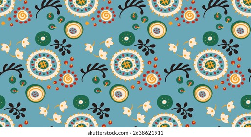 Seamless pattern with fantasy flowers, ethnic rotary repeat fabric and tile design, natural wallpaper, floral decoration curl illustration. Paisley print hand drawn elements. Japandi style