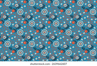 Seamless pattern with fantasy flowers, ethnic rotary repeat fabric and tile design, natural wallpaper, floral decoration curl illustration. Paisley print hand drawn elements. Japandi style
