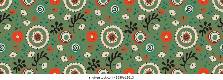 Seamless pattern with fantasy flowers, ethnic rotary repeat fabric and tile design, natural wallpaper, floral decoration curl illustration. Paisley print hand drawn elements. Japandi style