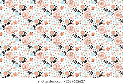 Seamless pattern with fantasy flowers, ethnic rotary repeat fabric and tile design, natural wallpaper, floral decoration curl illustration. Paisley print hand drawn elements. Japandi style