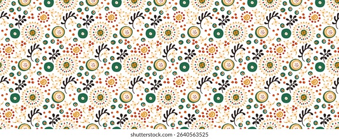 Seamless pattern with fantasy flowers, ethnic rotary repeat fabric and tile design, natural wallpaper, floral decoration curl illustration. Paisley print hand drawn elements. Japandi style