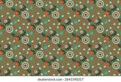 Seamless pattern with fantasy flowers, ethnic rotary repeat fabric and tile design, natural wallpaper, floral decoration curl illustration. Paisley print hand drawn elements. Japandi style