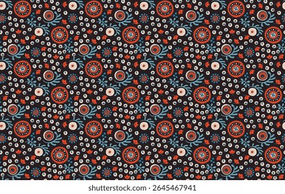 Seamless pattern with fantasy flowers, ethnic rotary repeat fabric and tile design, natural wallpaper, floral decoration curl illustration. Paisley print hand drawn elements. Japandi style
